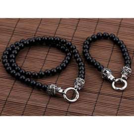 Men's Steel Skull Zircon Black Onyx Bead Necklace Bracelet