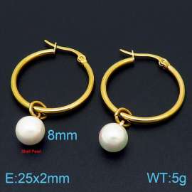 Simple Hoop Earring With Shell Pearl Beads Women Stainless Steel Gold Color