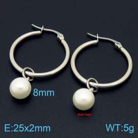 Simple Hoop Earring With Shell Pearl Beads Women Stainless Steel Silver Color