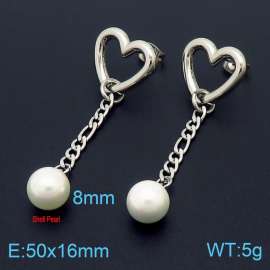 Heart Design StudLink Chain Earring Women Stainless Steel With Pearl Silver Color