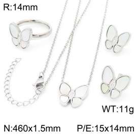 Women Silver Color Stainless Steel Necklace&Ring&Earrings Jewelry Set with CZ&Shell Butterfly Pattern Charm