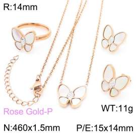 Women Rose Gold Plated Stainless Steel Necklace&Ring&Earrings Jewelry Set with CZ&Shell Butterfly Pattern Charm