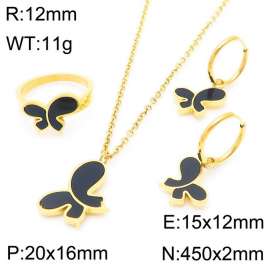 Women Gold Plated Stainless Steel Necklace&Ring&Earrings Jewelry Set with Black Enamel Butterfly Pattern Charm