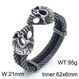 Halloween Double Skull Ghost Head Oxidized Wire Leather Men's Bangle