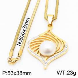 Stainless steel 600x3mm snake chain with shell bead crystal wihte mud pendant trendy gold necklace