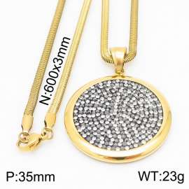 Stainless steel 600x3mm snake chain with shiny white & black crystal circle pendant trendy gold necklace