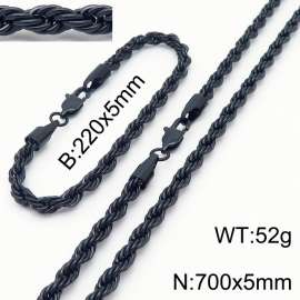 Black 220x5mm 700x5mm Rope Chain Stainless Steel Bracelet Necklace Jewelry Set