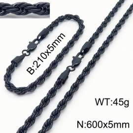 Black 210x5mm 600x5mm Rope Chain Stainless Steel Bracelet Necklace Jewelry Set