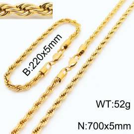 Gold 220x5mm 700x5mm Rope Chain Stainless Steel Bracelet Necklace Jewelry Set