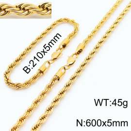 Gold 210x5mm 600x5mm Rope Chain Stainless Steel Bracelet Necklace Jewelry Set