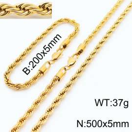 Gold 200x5mm 500x5mm Rope Chain Stainless Steel Bracelet Necklace Jewelry Set