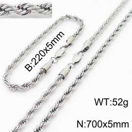 Silver 220x5mm 700x5mm Rope Chain Stainless Steel Bracelet Necklace Jewelry Set