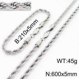 Silver 210x5mm 600x5mm Rope Chain Stainless Steel Bracelet Necklace Jewelry Set