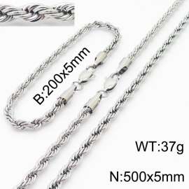 Silver 200x5mm 500x5mm Rope Chain Stainless Steel Bracelet Necklace Jewelry Set