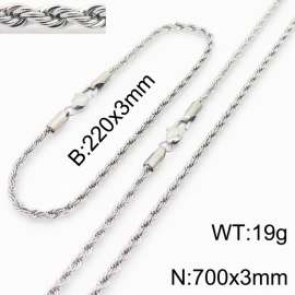 Silver 220x3mm 700x3mm Rope Chain Stainless Steel Bracelet Necklace Jewelry Set