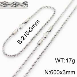 Silver 210x3mm 600x3mm Rope Chain Stainless Steel Bracelet Necklace Jewelry Set
