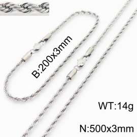 Silver 200x3mm 500x3mm Rope Chain Stainless Steel Bracelet Necklace Jewelry Set