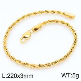 Gold 220x3mm Rope Chain Stainless Steel Bracelet