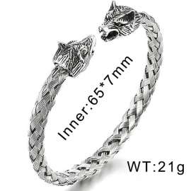 Mens Wolf Head Bracelet Steel Braided Cable Bangle Cuff Bracelet Polished, Adjustable Steel Color