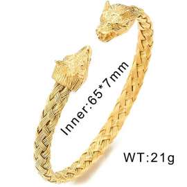 Mens Wolf Head Bracelet Steel Braided Cable Bangle Cuff Bracelet Polished, Adjustable Gold-plating Bangle