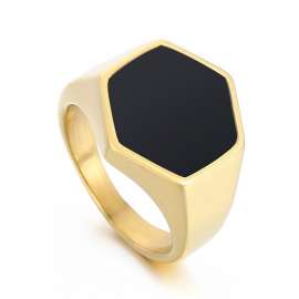 Gold Color Stainless Steel Classic Black Enamel Signet Ring