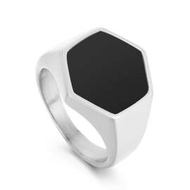 Silver Color Stainless Steel Classic Black Enamel Signet Ring