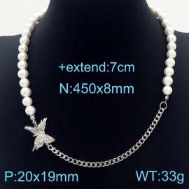 Stainless steel 450x8mm cuban chain with pearl chain butterfly high class silver necklace