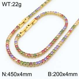 Women Square Colorful Zircons Jewelry Set with Gold Plated 450X4mm Necklace&200X4mm Bracelet