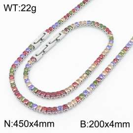 Women Square Colorful Zircons Jewelry Set with Silver Color 450X4mm Necklace&200X4mm Bracelet