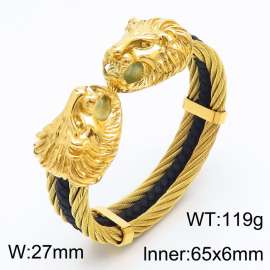 Men Gold Plated Stainless Steel&Leather Bangle with Lion Head Charms