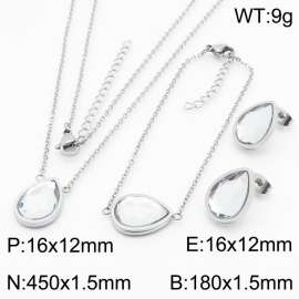 Silver Color Stainless Steel Jewelry Sets Water-drop Crystal Glass Pendant Link Chain Necklace Bracelets Stud Earrings For Women