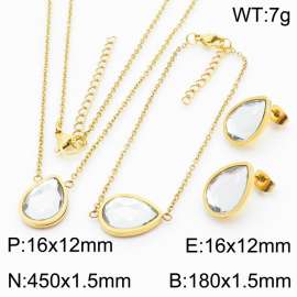 Gold Color Stainless Steel Jewelry Sets Water-drop Crystal Glass Pendant Link Chain Necklace Bracelets Stud Earrings For Women