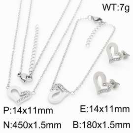 Silver Color Stainless Steel Jewelry Sets Love Heart Rhinestone Pendant Link Chain Necklace Bracelets Stud Earrings For Women