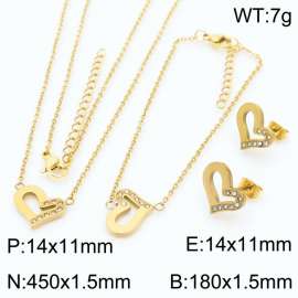 45cm Long Gold Color Stainless Steel Jewelry Sets Love Heart Rhinestone Pendant Link Chain Necklace Bracelets Stud Earrings For Women