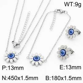 45cm Long Silver Color Stainless Steel Jewelry Sets Sun Flower Devil's Eye Pendant Link Chain Necklace Bracelets Stud Earrings For Women