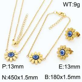 45cm Long Gold Color Stainless Steel Jewelry Sets Sun Flower Devil's Eye Pendant Link Chain Necklace Bracelets Stud Earrings For Women