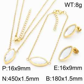 45cm Long Gold Color Stainless Steel Jewelry Sets Oval Crystal Glass Pendant Link Chain Necklace Bracelets Stud Earrings For Women