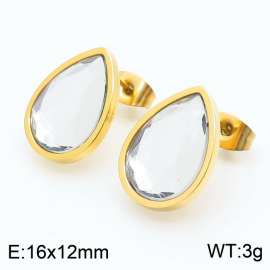 Gold Color Stainless Steel Water-drop Crystal Glass Stud Earrings For Women