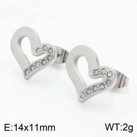 Silver Color Stainless Steel Love Heart Rhinestone Stud Earrings For Women