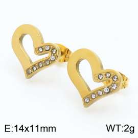 Gold Color Stainless Steel Love Heart Rhinestone Stud Earrings For Women