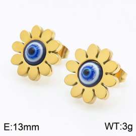 Gold Color Stainless Steel Sun Flower Devil's Eye Stud Earrings For Women