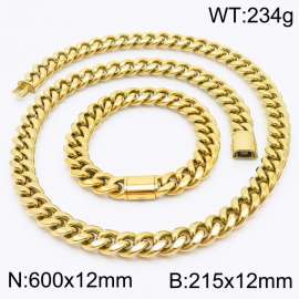 12mm Gold Round Edge Cuban Chain Bracelet Necklace Accessories Set