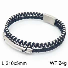21cm Silver Color Stainless Steel Double Layers Woven Cowhide Black Color Bracelets