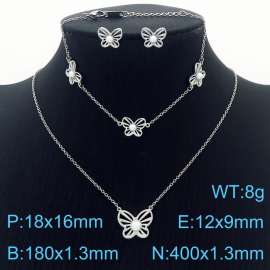 Stainless Steel Hollowed out Butterfly Shell beads women's steel color jewelry three-piece set