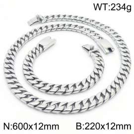 Stainless steel european 600x12mm&220x12mm cuban chain classic clasp strong silver bracelets sets