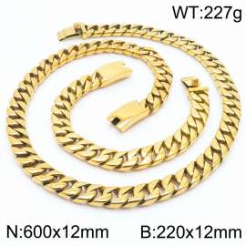 Stainless steel european 600x12mm&220x12mm cuban chain classic clasp strong gold bracelets sets