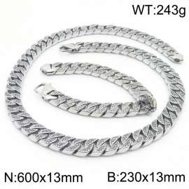 Stainless steel european 600x13mm&230x13mm cuban chain classic clasp strong crystal silver bracelets sets