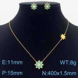 Gold Color Stainless Steel Jewelry Sets Green Color Sun Flower Rhinestone Pendant Link Chain Necklace Stud Earrings For Women Jewelry