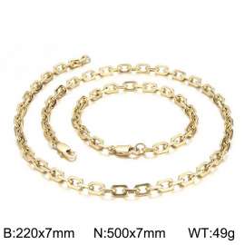 7mm width Stainless Steel Gold Rectangle Cable Chain Bracelet Necklace Set