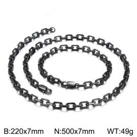 7mm width Stainless Steel Black Rectangle Cable Chain Bracelet Necklace Set